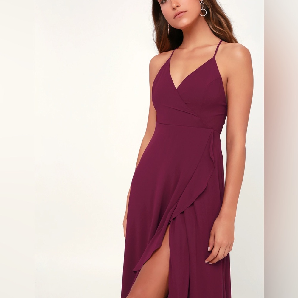 Lulus - NWT women's In Love Forever plum lace up high low Maxi Shiffon Dress XS - Picture 2 of 12